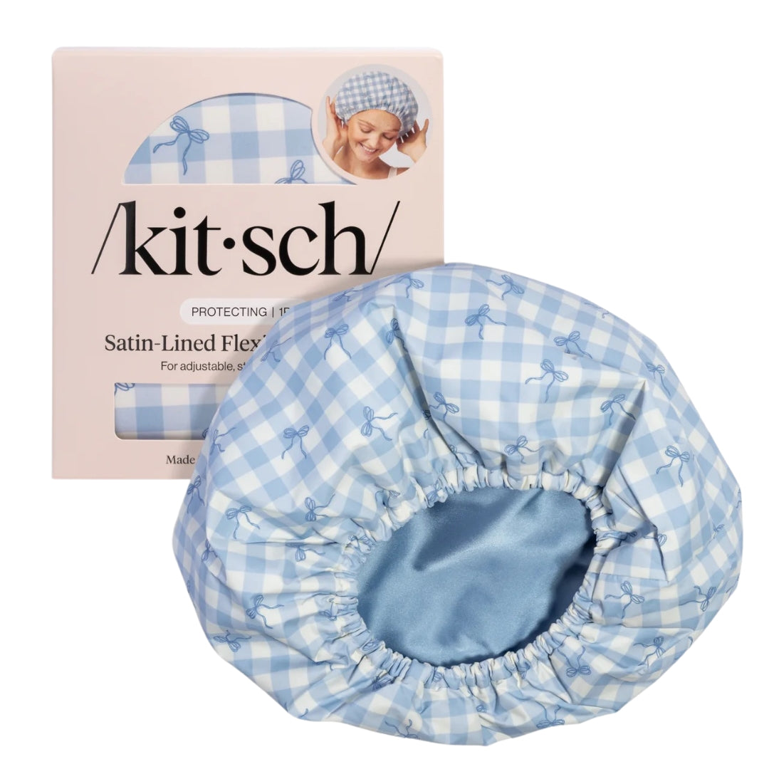 Gingham Blue Satin Lined Flexi Shower Cap